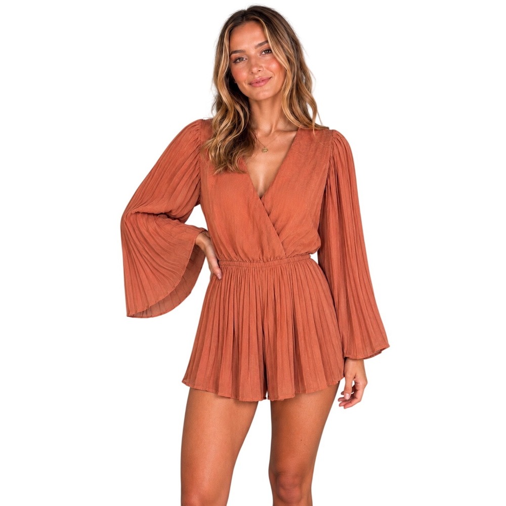 Entro Rust Pleated Sleeve Romper Boho Bell Sleeve Playsuit S Free‎ People Vibes